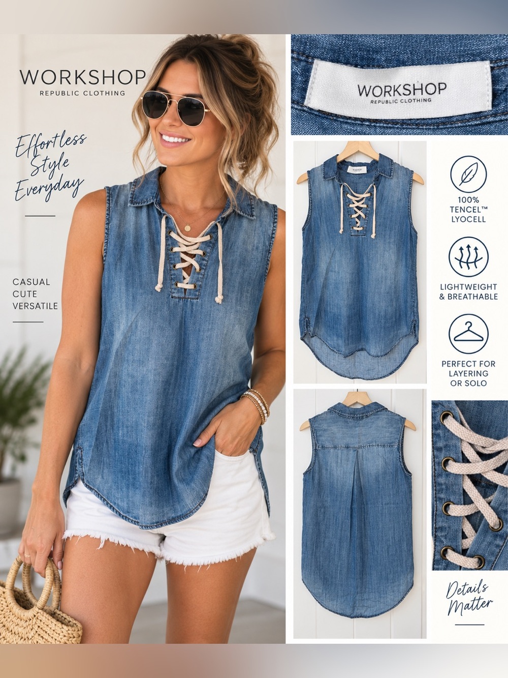 Workshop Republic Clothing Denim Lace-Up Sleeveless Top in Blue